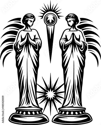 Undersea shrines symbolizing mortality in vector style. Elegant Black and White Statues of Angels with Sunburst Design