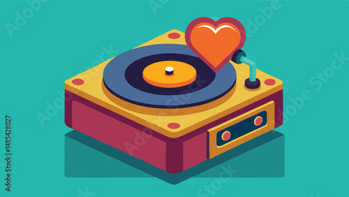 Vintage record player with a heart-shaped tonearm playing romantic music on a teal background
