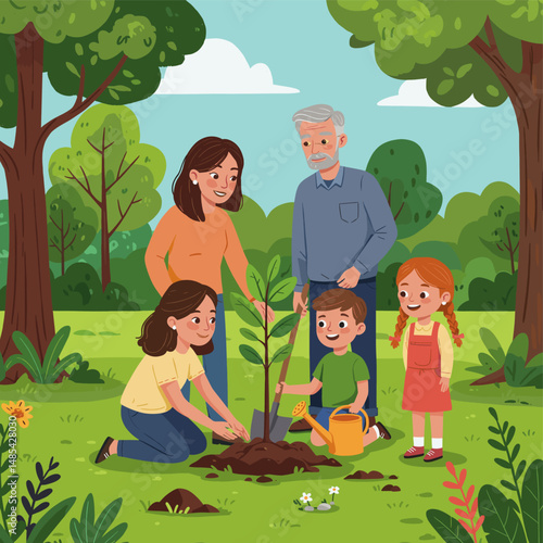 Family Planting a Tree in Garden: A multigenerational family is joyfully planting a sapling together in a vibrant garden. The scene highlights the themes of growth, environmental stewardship.