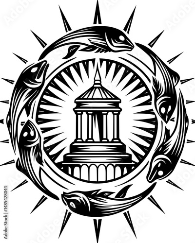 Undersea shrines symbolizing mortality in vector style. Circular Fish Motif Surrounds Architectural Structure in Black and White