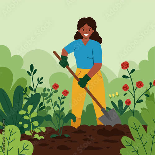 Green Thumb's Garden Delight: A smiling woman tends to her blooming garden, lovingly cultivating life amidst vibrant flowers and lush foliage, showcasing the joy of gardening and the beauty of nature.