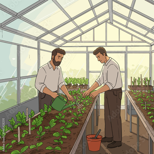 Two men tending to plants and watering in a greenhouse