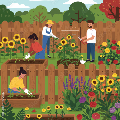 Diverse group of people gardening in a community flower garden