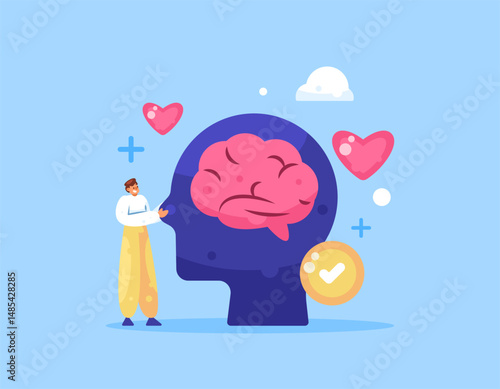 mental health concept. awareness and care about mental health. psychological and emotional. managing stress and mind, happiness. illustration of a man with head symbol with brain. flat style design