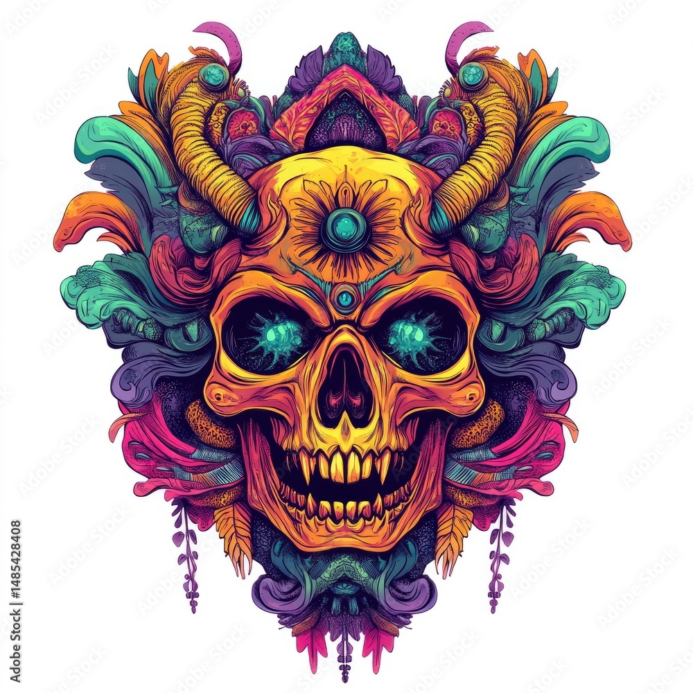 Fototapeta premium Vibrant skull design surrounded by ornate floral and decorative elements.