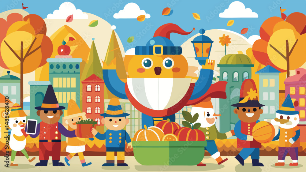 Obraz premium Colorful vector illustration of a festive parade featuring whimsical characters in a vibrant autumn landscape with a castle backdrop and playful fall decorations