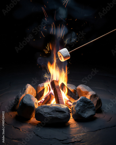 Roasting Marshmallow on Stick Over Campfire with Embers and Rocks