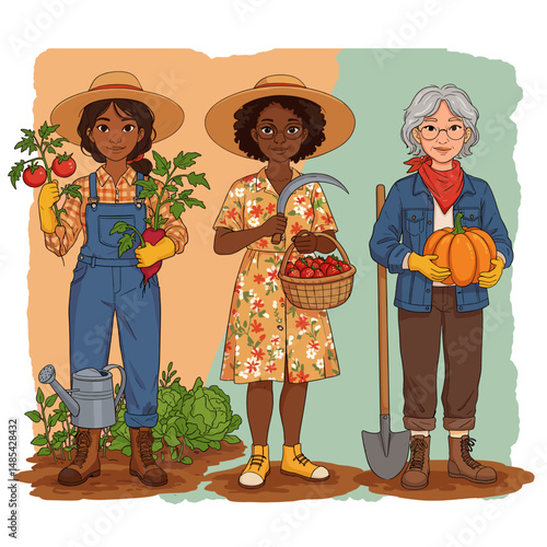 Garden Harvest: Three diverse women showcase their fresh harvest, embodying the joy of farm-to-table living. Featuring an array of vibrant produce.