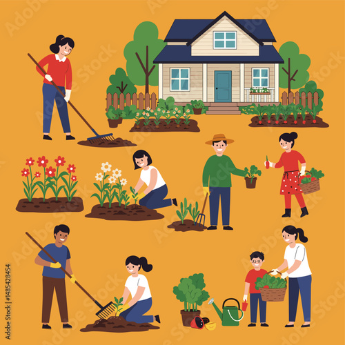 Cultivating Dreams: A Vibrant Garden Scene Depicting Gardening with Various Flowers, Fruits and Vegetables, and a Serene House as a Backdrop.