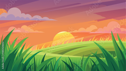 Sunset over grassy hills in a colorful sky with clouds blending hues of orange and purple during evening hours