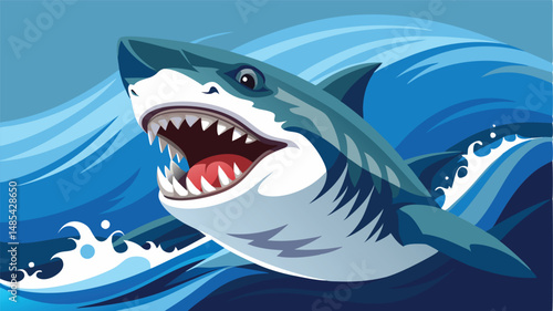 Vector illustration of a great white shark breaching the ocean surface amidst waves during daylight