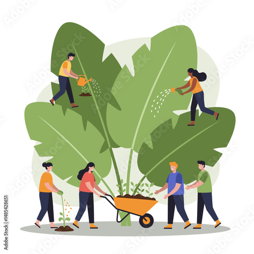 Diverse group gardening large leaves illustration