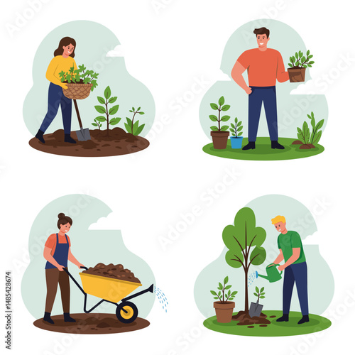Cartoon people gardening various tasks illustration set