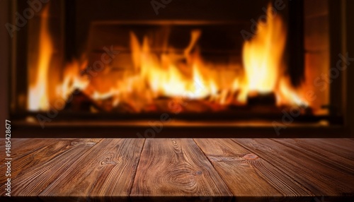 empty wooden surface with blurred fireplace in background for montage empty wooden surface blurred