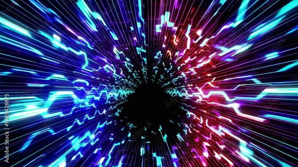 Abstract digital tunnel with glowing data streams on tech grids, smooth rhythmic waves and colorful shifting lights in seamless video animation Abstract digital tunnel with glowing data streams on tech grids, smooth rhythmic waves and colorful shifting lights in seamless video animation