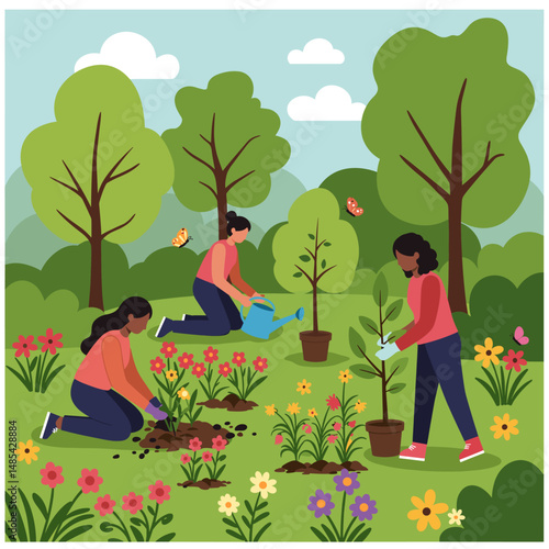 Diverse women gardening planting park illustration