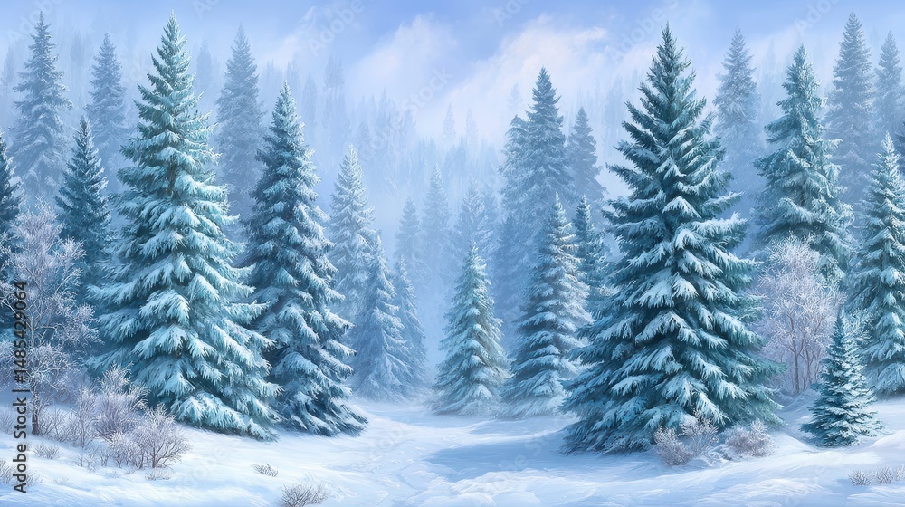 Fototapeta premium Snowy Winter Forest Scene Tall Evergreen Trees in a Peaceful Landscape