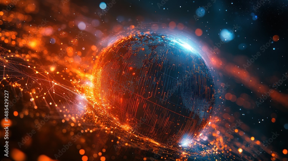 Abstract digital sphere in fiery cosmos. Possible use Science fiction, technology background Abstract digital sphere in fiery cosmos. Possible use Science fiction, technology background