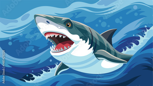 Vector illustration of a great white shark breaching the ocean surface amidst waves during daylight