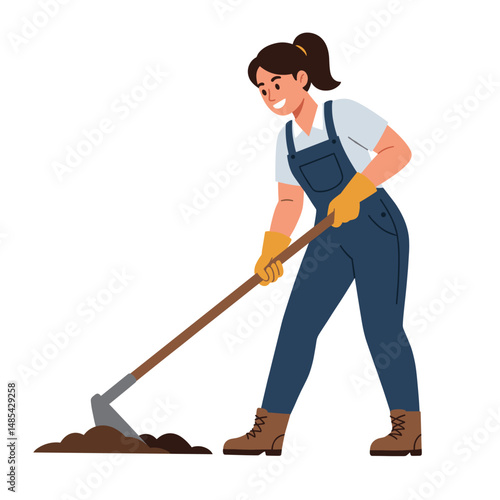 Woman digging soil hoe illustration