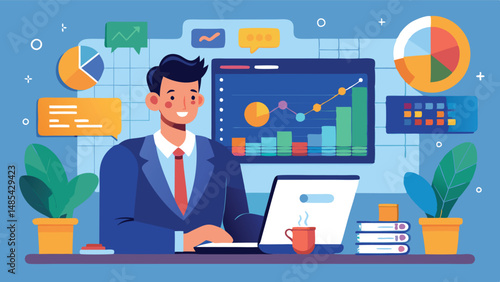 Business professional working on a laptop in a modern office setting with charts and graphs displayed on a screen alongside potted plants and coffee