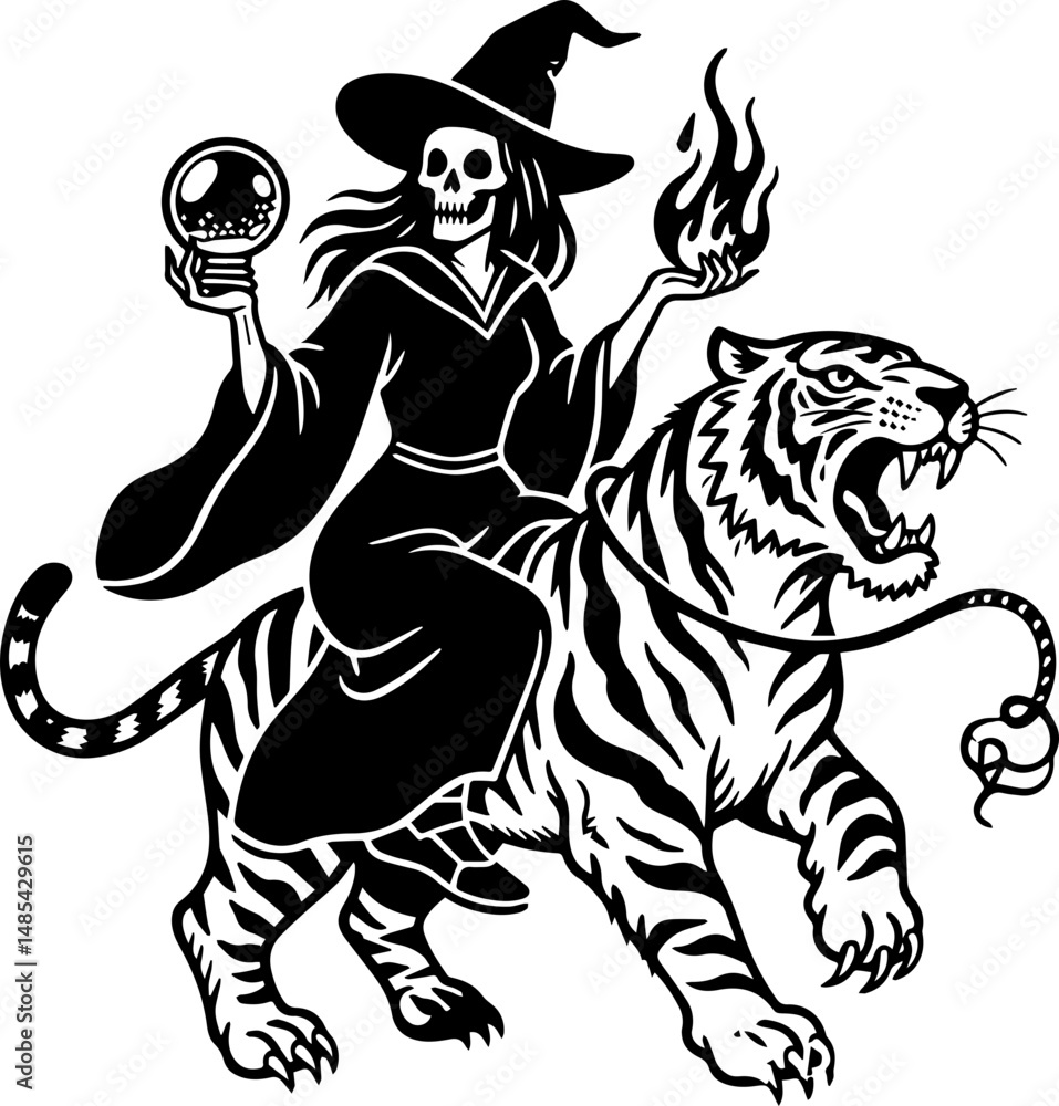 Fototapeta premium Tattoo Style Vector of a Sorcerer Knight on a Tiger – Traditional Black and White Design