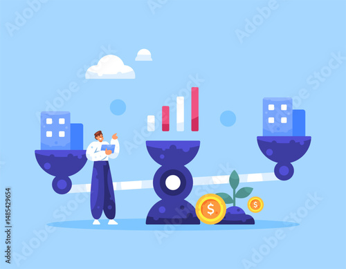 benchmarking concept. measuring and comparing the performance of a company or a business. illustration of a businessman weighing and analyzing the performance between two businesses. flat style design