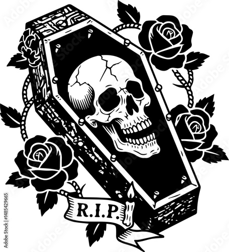 Coffin and Skull Tattoo Vector – Traditional Old School Black and White Design