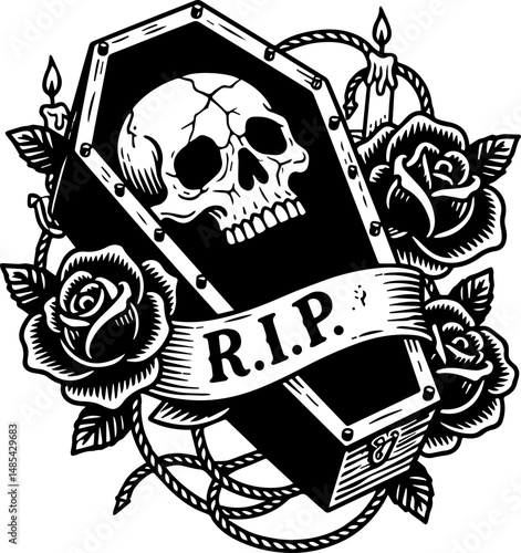 Coffin and Skull Tattoo Vector – Traditional Old School Black and White Design
