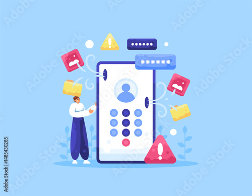 data leak and hacking concept. mobile phone data theft and breach. security system breached. problems and crimes. illustration of a user panicking because his smartphone has been hacked. flat style