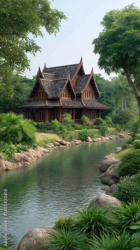 Obraz premium Traditional Wooden House by Calm River in Lush Tropical Setting
