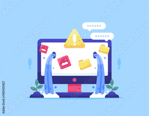data leak and hacking concept. data theft information and files on a computer. technology and crime, warning. illustration of a computer with data that has been leaked and hacked. flat style design