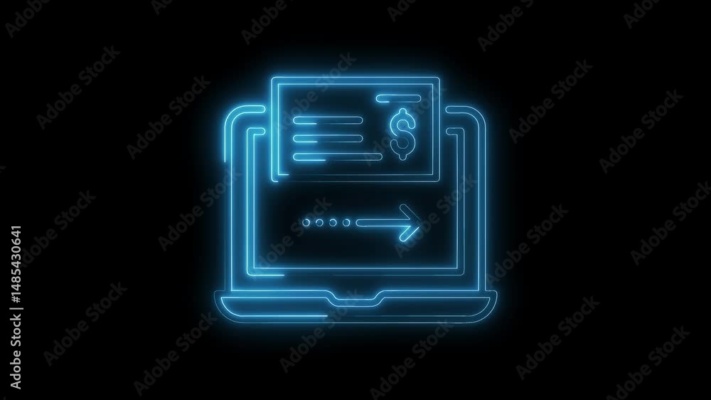 Neon online payment concept animated laptop sending check illustration for digital financial transaction Neon online payment concept animated laptop sending check illustration for digital financial transaction