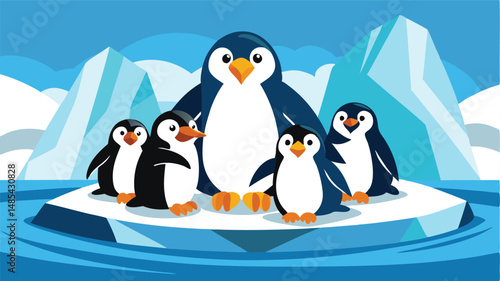 Group of penguins gathered on an iceberg in a serene polar environment showcasing their playful interactions and natural habitat