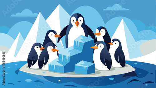 Group of penguins gathered on an iceberg in a serene polar environment showcasing their playful interactions and natural habitat