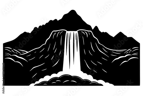 Waterfall mountain black silhouette vector illustration
