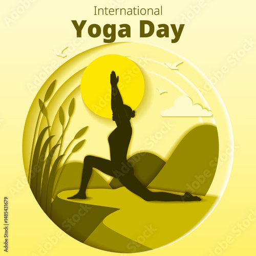 International Yoga Day. Square template. Anjaneyasana pose. Crescent Lunge on the Knee pose. Paper cut design. Isolated vector illustration