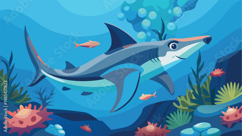 Colorful vector illustration of a shark swimming in a vibrant underwater environment with various fish and coral reefs during daylight