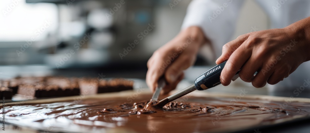 Professional chef measuring chocolate temperature with thermometer and spatula in a commercial kitchen for tempering process Concept of confectionery, dessert, and gourmet Professional chef measuring chocolate temperature with thermometer and spatula in a commercial kitchen for tempering process Concept of confectionery, dessert, and gourmet