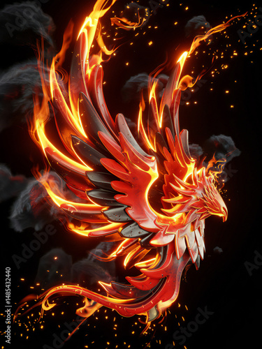 Fiery Phoenix Bird in Flight Embers and Smoke 3D Render