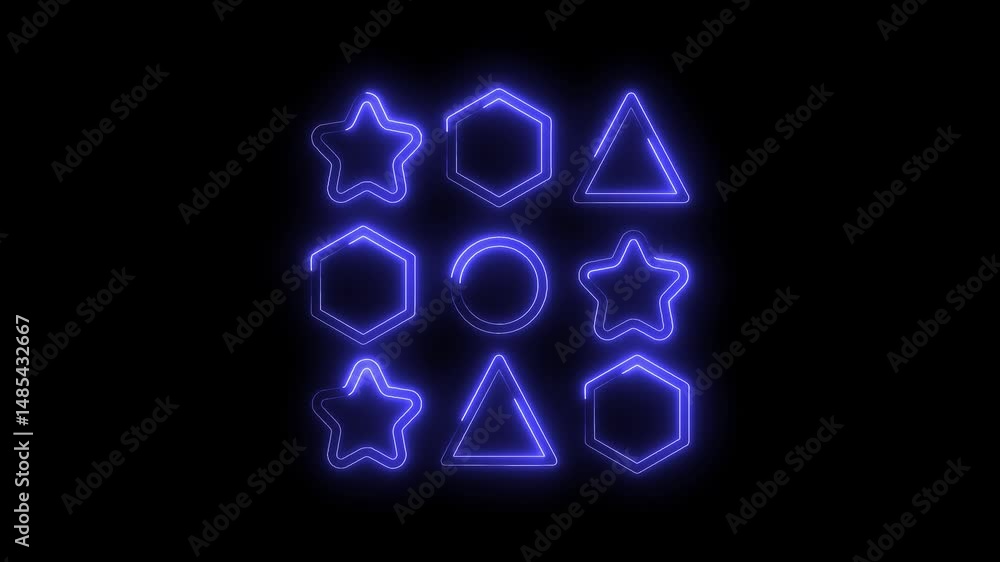 Glowing geometric shapes animation on black background abstract neon light design elements Glowing geometric shapes animation on black background abstract neon light design elements