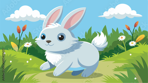 Cute grey rabbit hopping through a sunny meadow filled with flowers and soft clouds in the background during a bright spring day