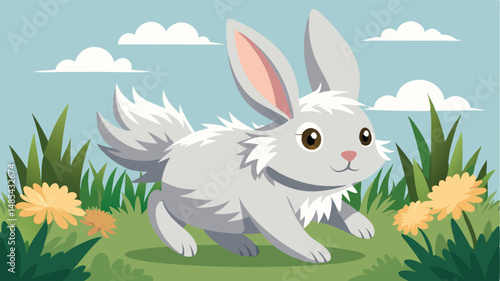 Cute grey rabbit hopping through a sunny meadow filled with flowers and soft clouds in the background during a bright spring day
