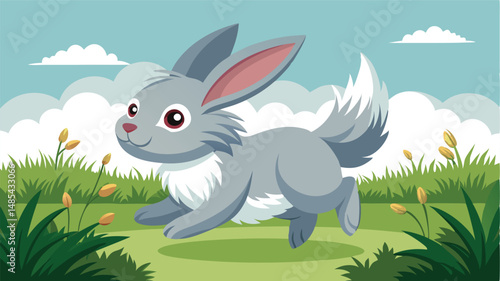 Cute grey rabbit hopping through a sunny meadow filled with flowers and soft clouds in the background during a bright spring day