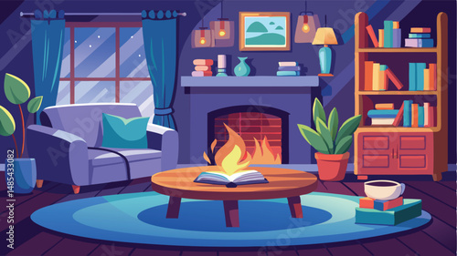 Cozy living room interior design with a warm fireplace and bookshelves in a modern vector illustration style during a nighttime setting