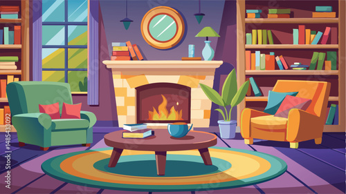 Cozy living room interior design with a warm fireplace and bookshelves in a modern vector illustration style during a nighttime setting