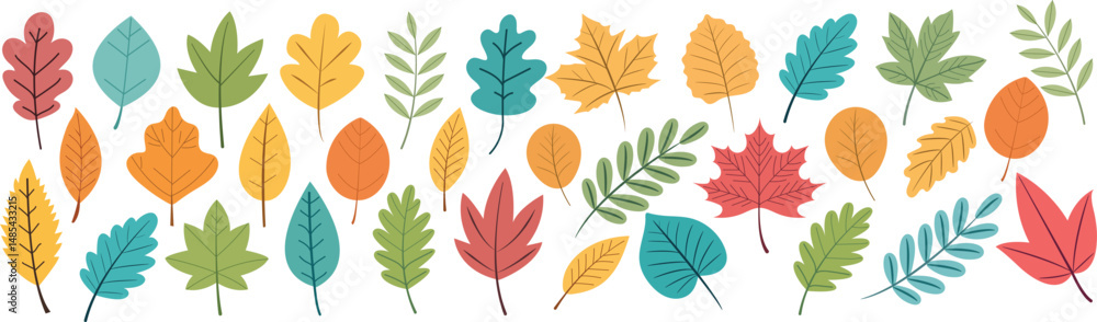 Obraz premium Colorful Autumn Leaves Collection Flat Hand Drawn Fall Foliage Vector Set