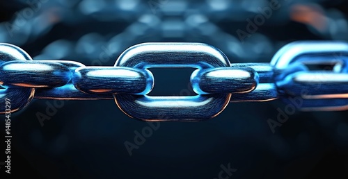 Close-up view of a shiny metallic chain with a smooth, reflective surface highlighted by blue lighting in a dark setting, emphasizing strength and connection
