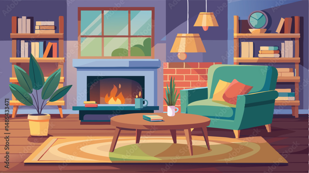 Fototapeta premium Cozy living room interior design with a warm fireplace and bookshelves in a modern vector illustration style during a nighttime setting