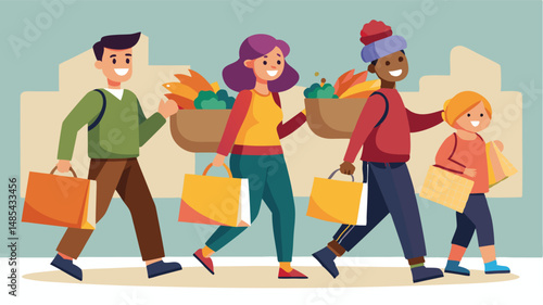 Shopping together during autumn with cheerful friends carrying bags in a vibrant outdoor setting and enjoying the seasonal atmosphere